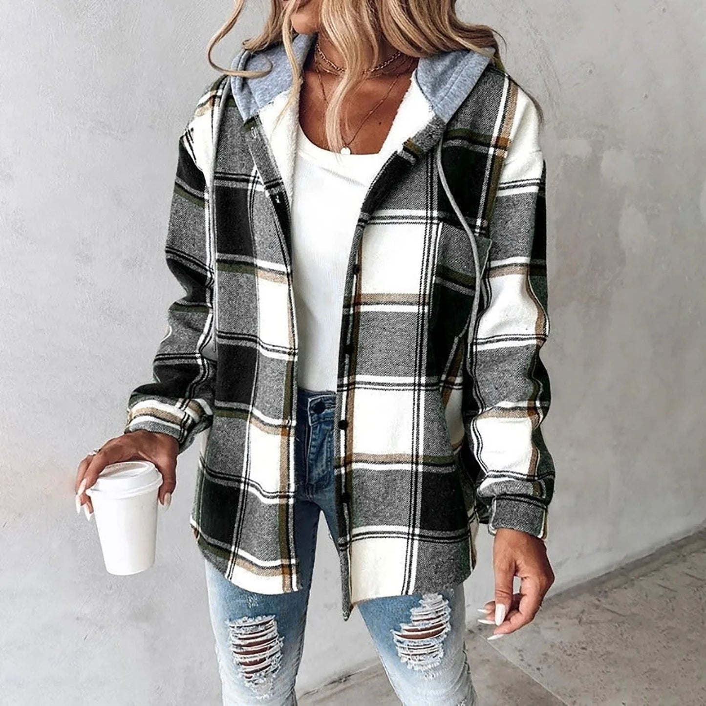 Chaqueta mujer con capucha y estampado cuadros casual cálida