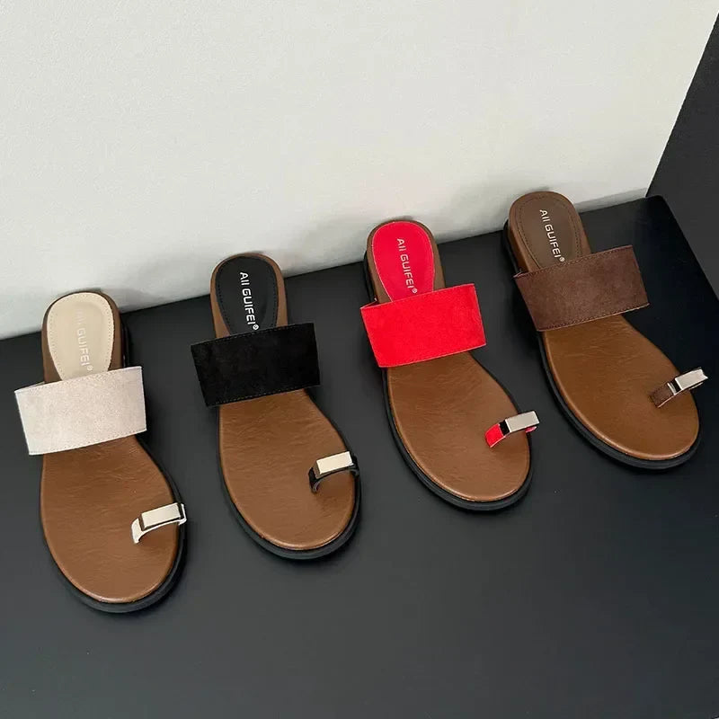 Sandalias Mujer de Piel Ante con Detalle de Anillo