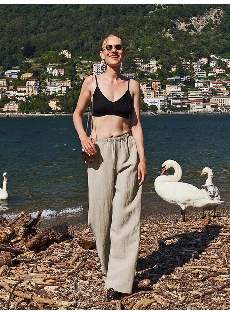 Pantalones Playa Mujer Mezcla de Lino y Algodón Pierna Ancha