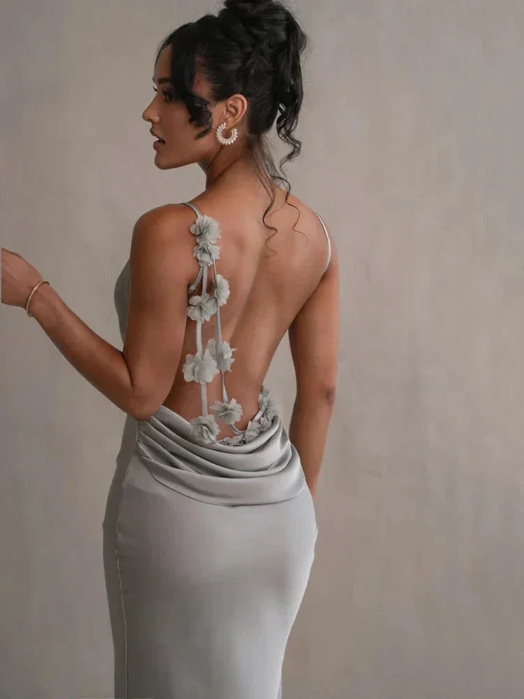 Vestido maxi mujer de satén con cuello cascada