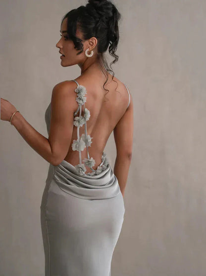 Vestido maxi mujer de satén con cuello cascada