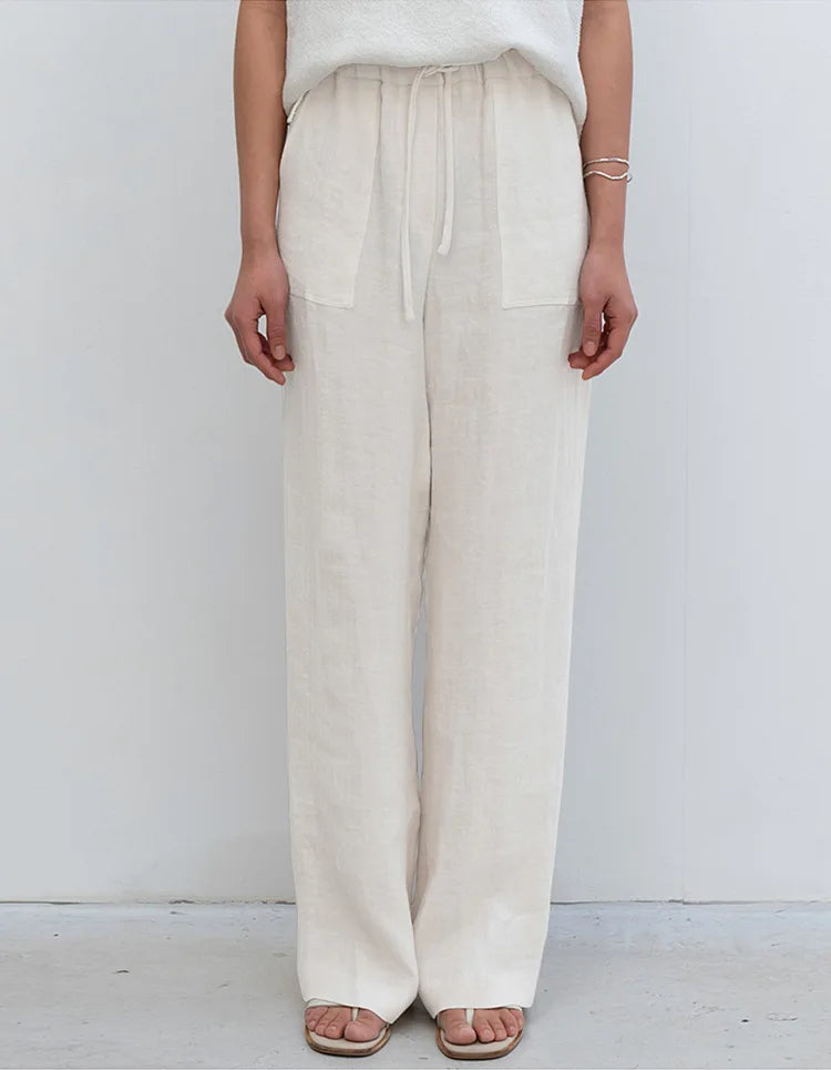 Pantalones Mujer de Lino Cordón Ajustable Bolsillos de Parche