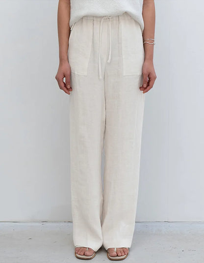 Pantalones Mujer de Lino Cordón Ajustable Bolsillos de Parche