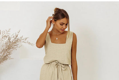 Pantalones Mujer de Lino Pierna Ancha Cintura Elástica Lazo