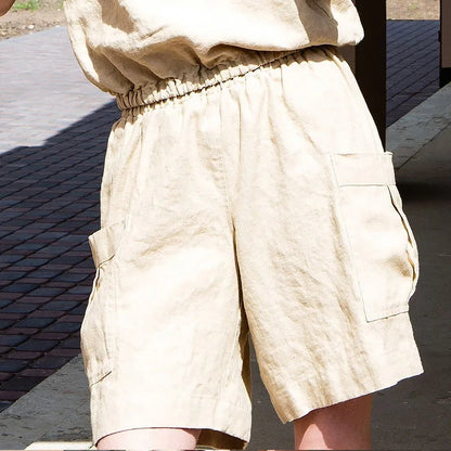 Pantalones Cortos Mujer de Lino Estilo Cargo Cintura Alta Elástica - Mavetta
