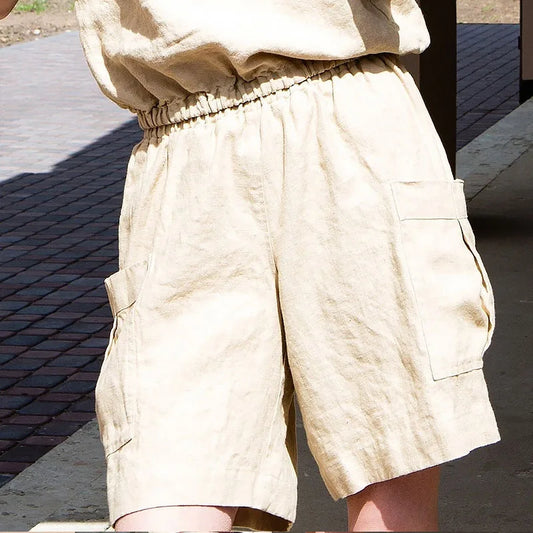 Pantalones Cortos Mujer de Lino Estilo Cargo Cintura Alta Elástica - Mavetta