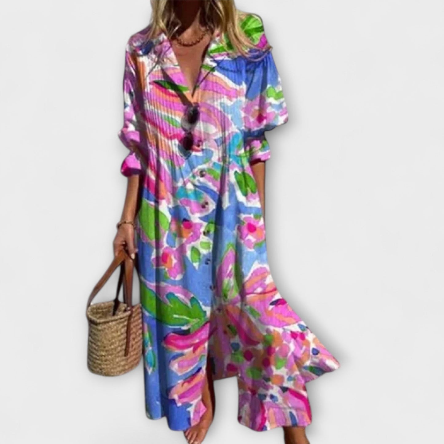 Vestido Camisero Mujer Algodón Manga Abullonada Largo