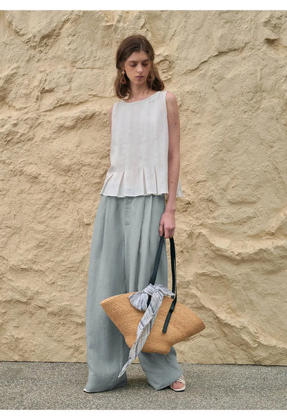 Pantalones Mujer de Lino Pierna Ancha Cintura Alta Elástica