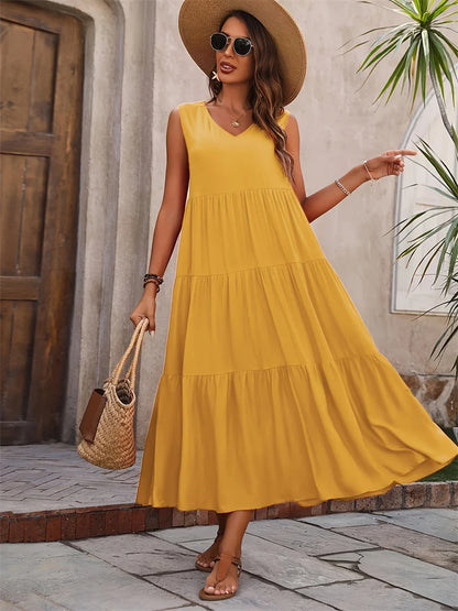 Vestido verano mujer sin mangas escote en V corte A