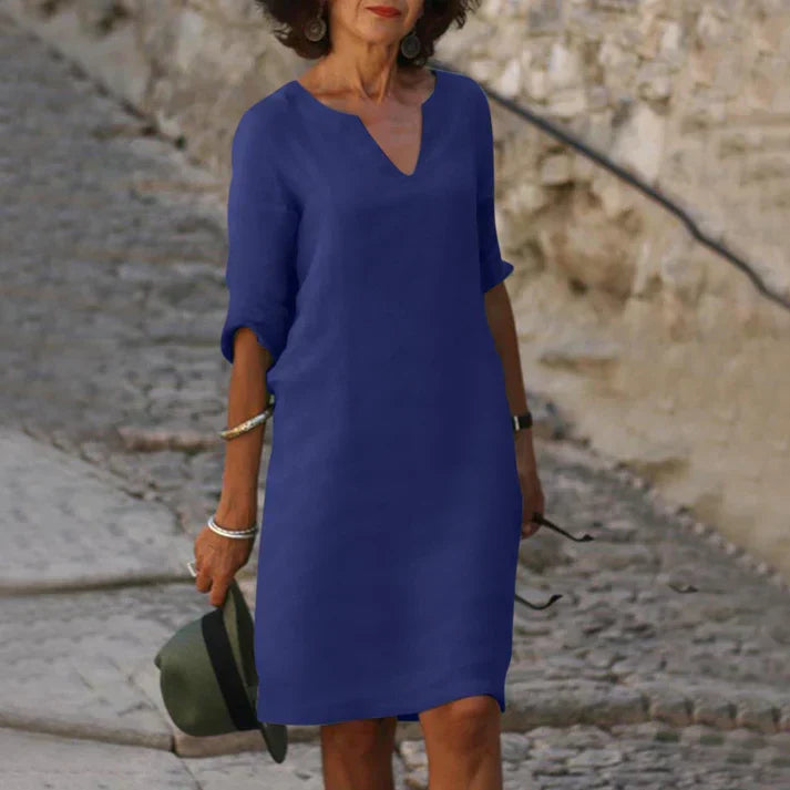 Vestido midi mujer con escote en V y manga larga elegante