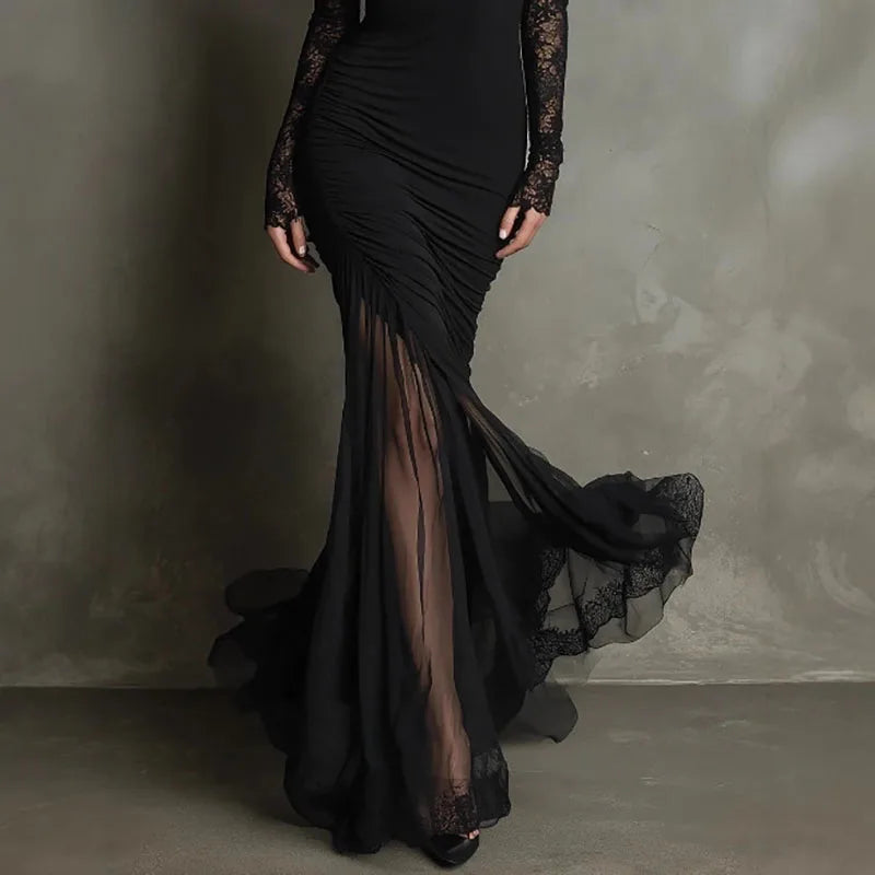 Vestido Largo Mujer de Encaje Escote en V Ajuste Elegante