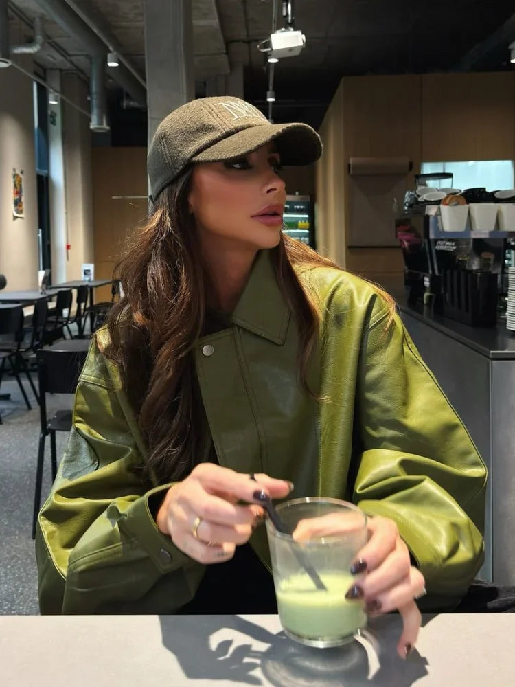Chaqueta Corta Mujer Efecto Cuero Cuello Solapa Cremallera
