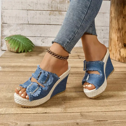 Sandalias Mujer Cuña Piel Hebillas Estilo Vaquero