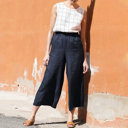 Pantalones Mujer de Lino Pierna Ancha Cintura Elástica Corte Tobillo