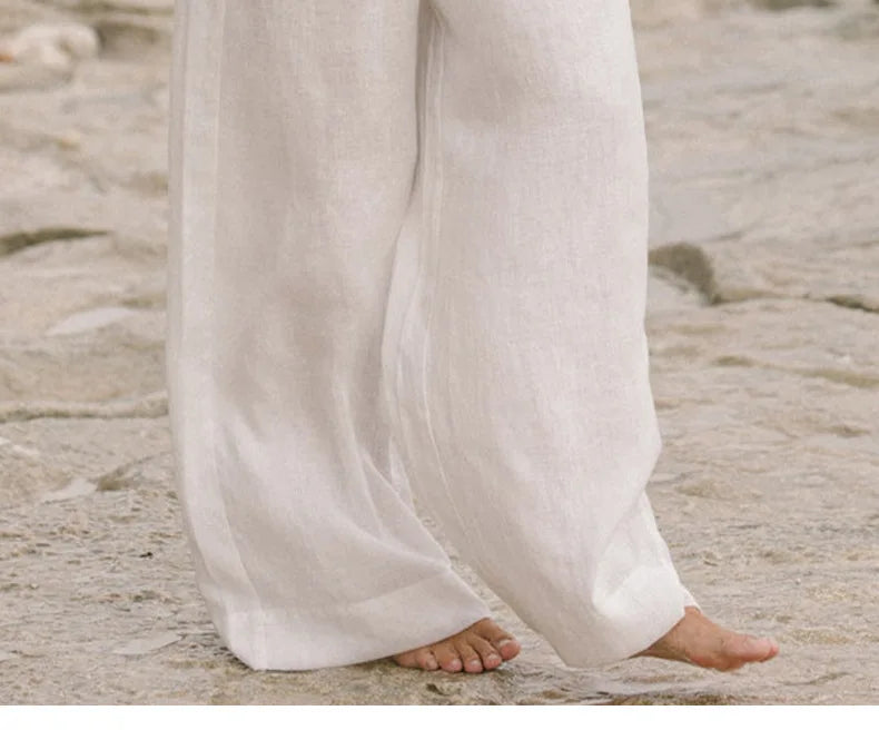Pantalones Mujer de Lino Pierna Ancha Cintura Elástica Lazo