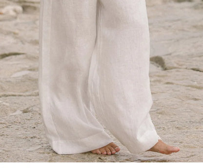 Pantalones Mujer de Lino Pierna Ancha Cintura Elástica Lazo