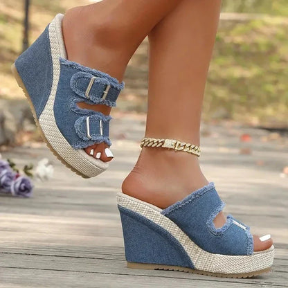 Sandalias Mujer Cuña Piel Hebillas Estilo Vaquero
