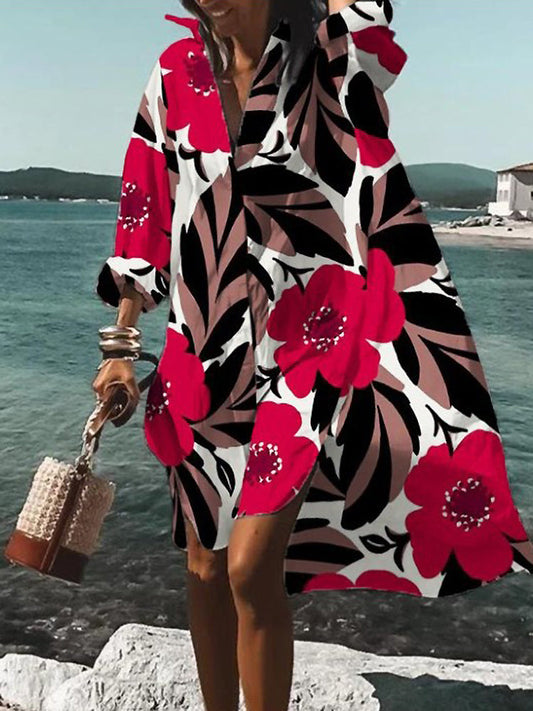 Vestido midi mujer tipo camisa con estampado floral manga larga - Mavetta