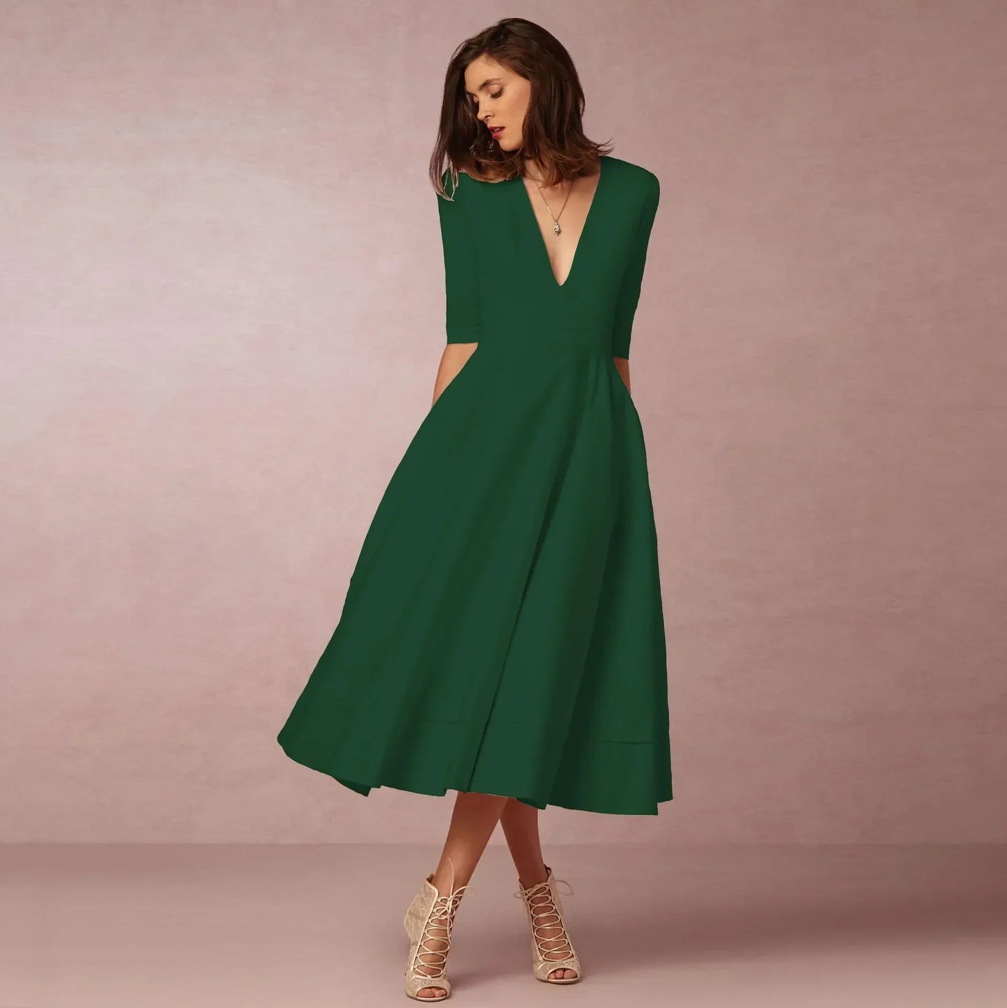Vestido midi mujer Escote en V Mangas al Codo