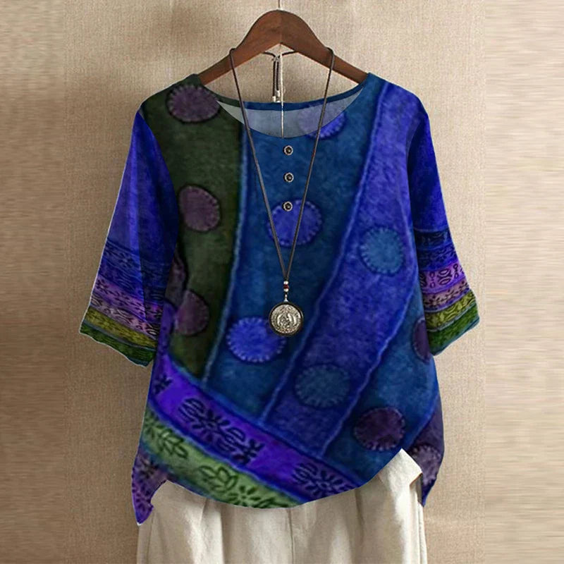 Blusa Mujer Estampada Cuello Redondo Botones Ajuste Retro