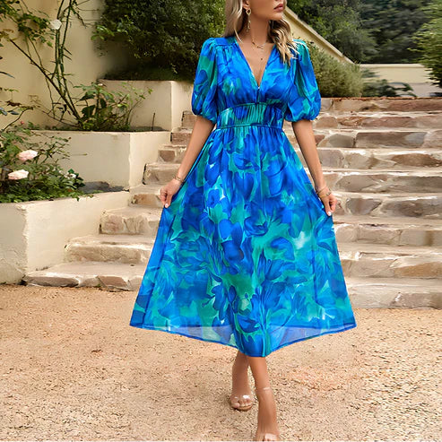 Vestido midi mujer con mangas abullonadas escote en V profundo - Mavetta