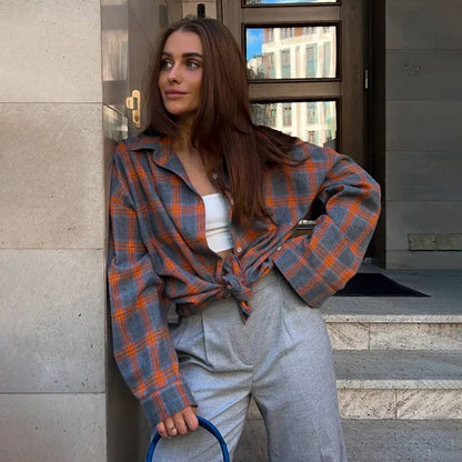 Camisa mujer de franela cuadros manga larga botones bolsillos