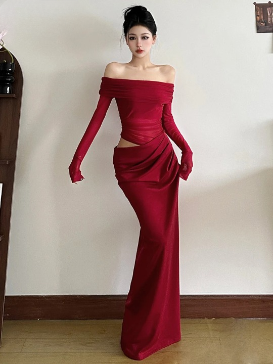 Vestido Mujer Hombros Descubiertos Detalles de Malla
