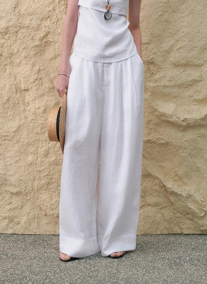 Pantalones Mujer de Lino Pierna Ancha Cintura Alta Elástica