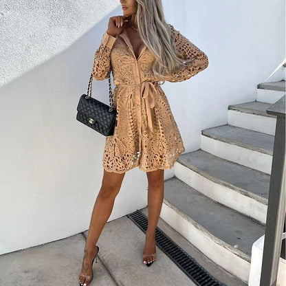 Vestido mini mujer con cuello en v y mangas largas