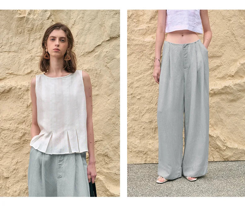 Pantalones Mujer de Lino Pierna Ancha Cintura Alta Elástica