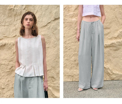 Pantalones Mujer de Lino Pierna Ancha Cintura Alta Elástica