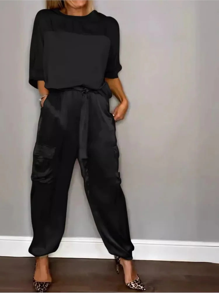 Conjunto Mujer Satén Suelto y Pantalón Cargo