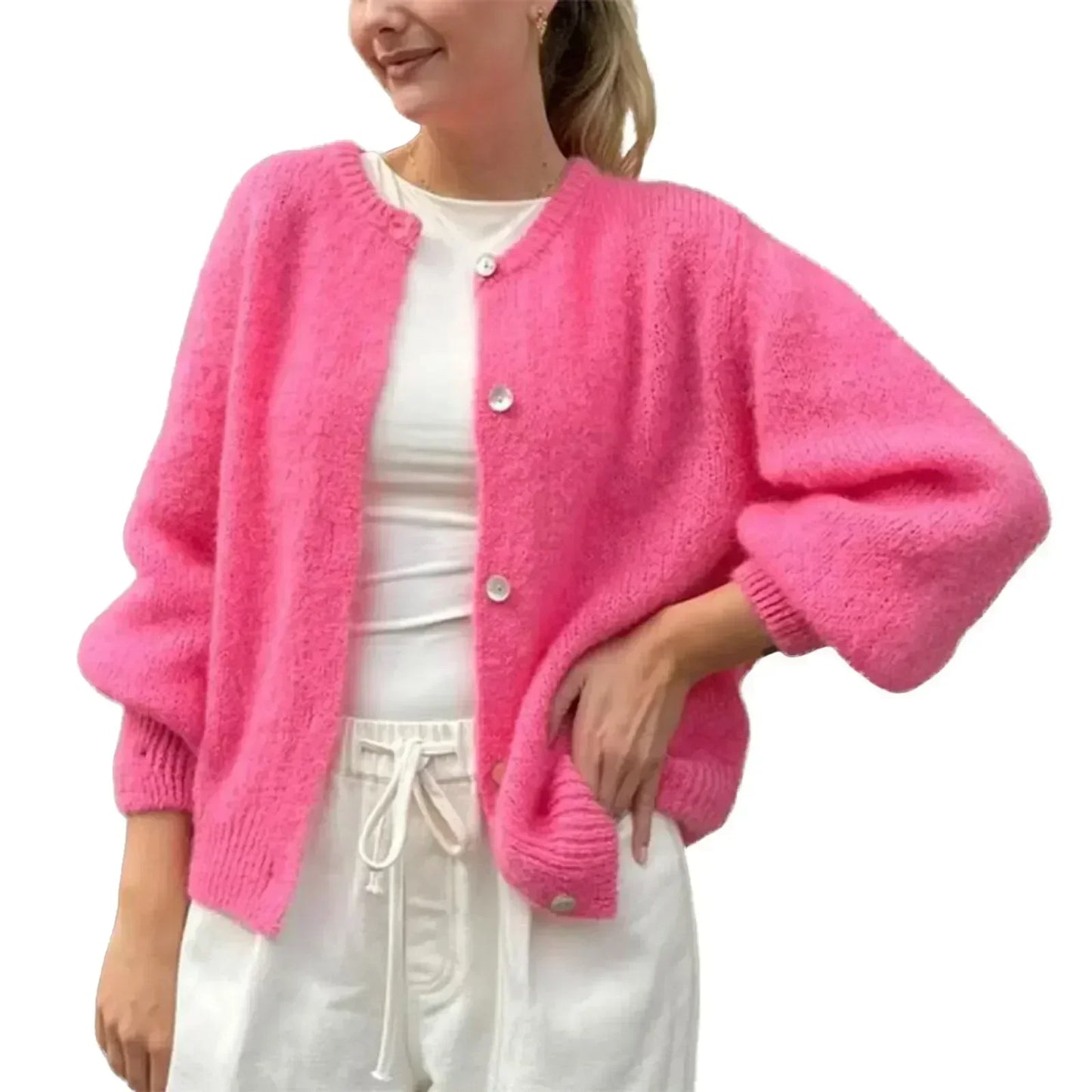 Chaqueta Punto Mujer Botones Nácar Cuello Pico