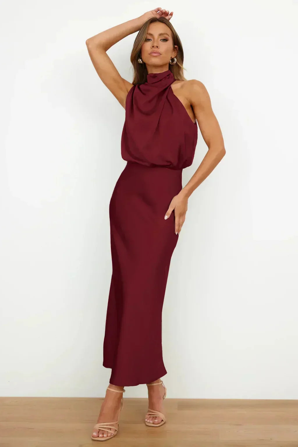 Vestido noche Mujer cuello halter corte fluido