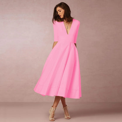 Vestido midi mujer Escote en V Mangas al Codo