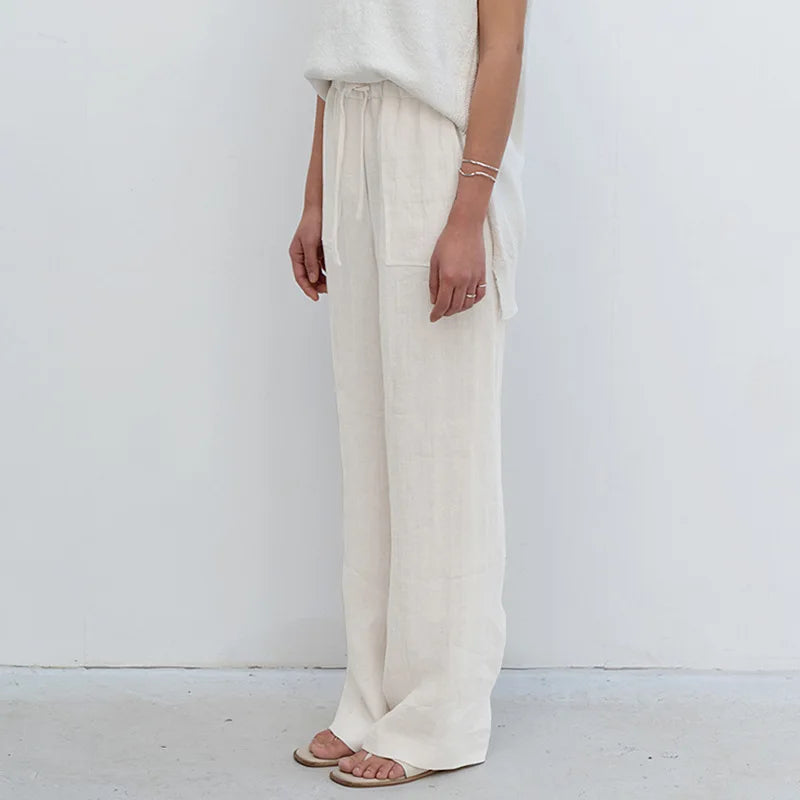 Pantalones Mujer de Lino Cordón Ajustable Bolsillos de Parche