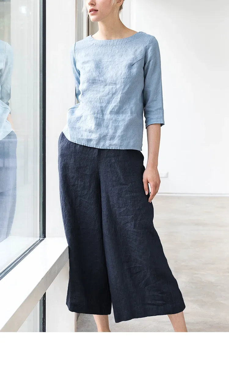 Pantalones Mujer de Lino Pierna Ancha Cintura Elástica Corte Tobillo