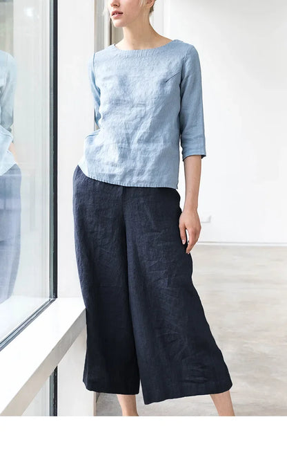 Pantalones Mujer de Lino Pierna Ancha Cintura Elástica Corte Tobillo