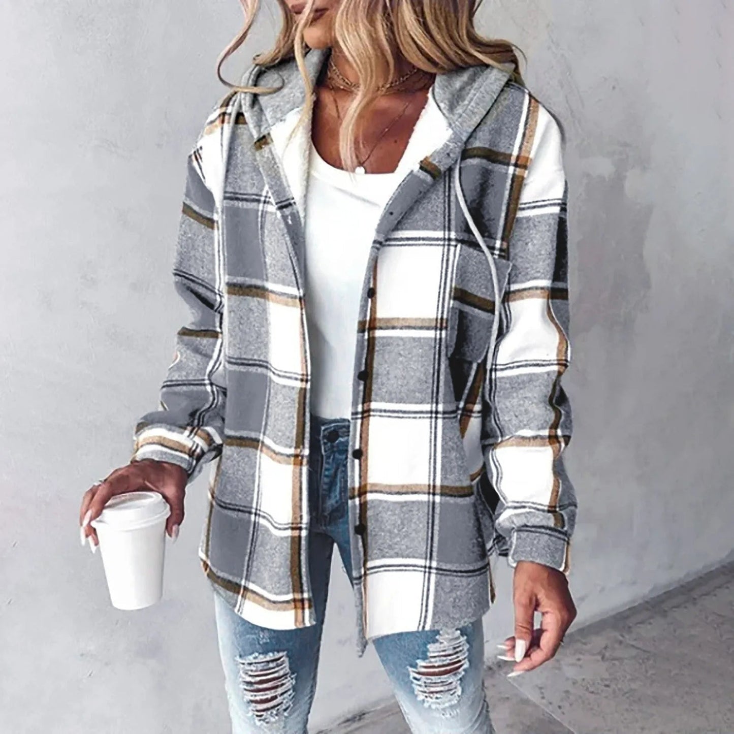 Chaqueta mujer con capucha y estampado cuadros casual cálida - Mavetta