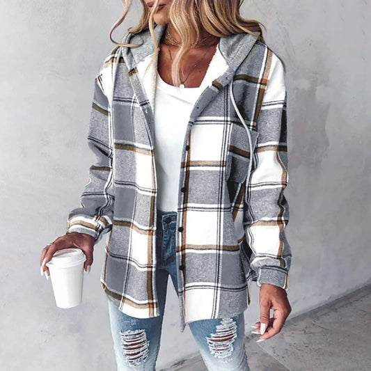 Chaqueta mujer con capucha y estampado cuadros casual cálida - Mavetta