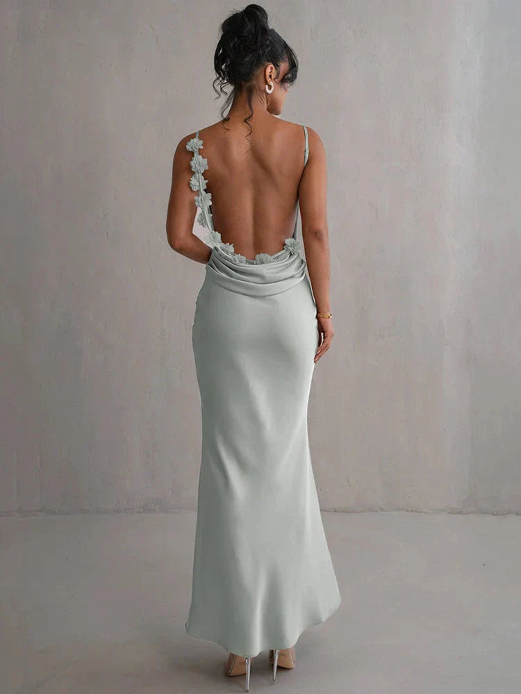 Vestido maxi mujer de satén con cuello cascada