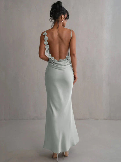 Vestido maxi mujer de satén con cuello cascada