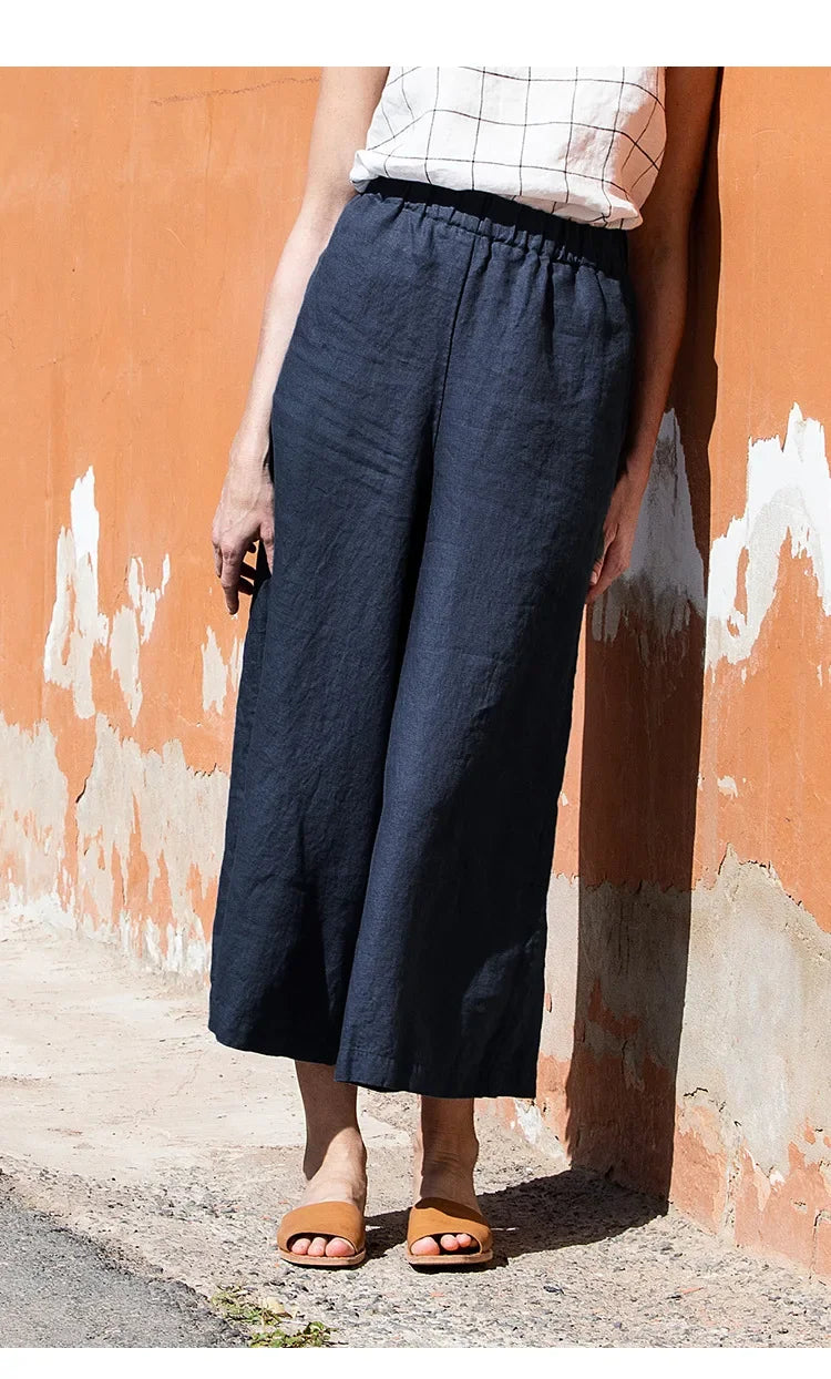 Pantalones Mujer de Lino Pierna Ancha Cintura Elástica Corte Tobillo