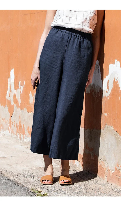 Pantalones Mujer de Lino Pierna Ancha Cintura Elástica Corte Tobillo