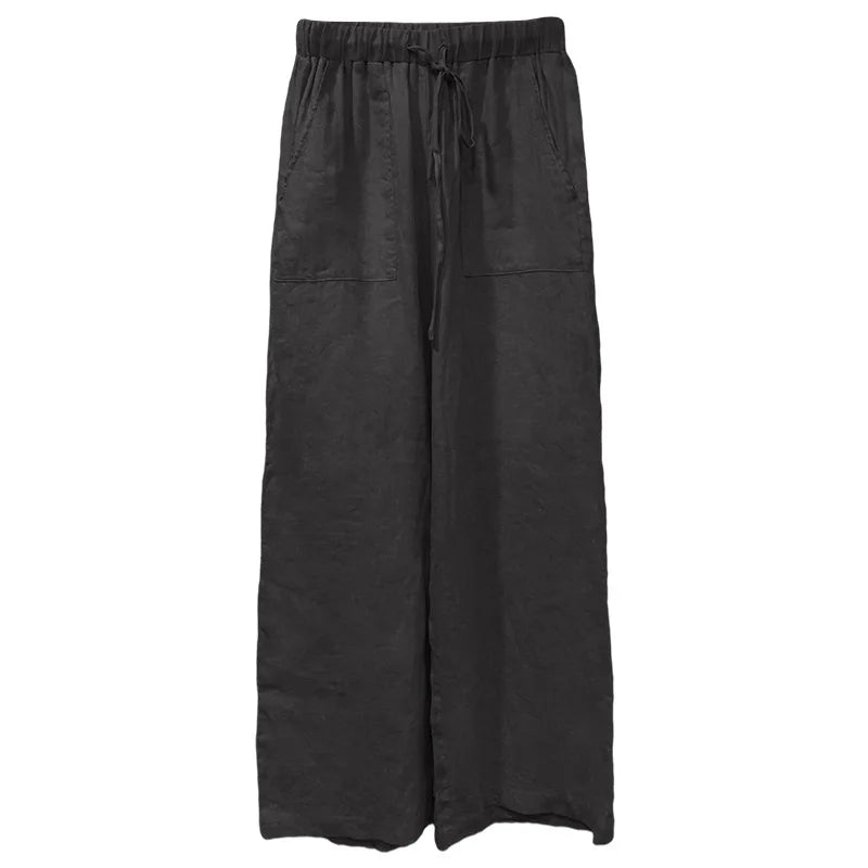 Pantalones Mujer de Lino Cordón Ajustable Bolsillos de Parche