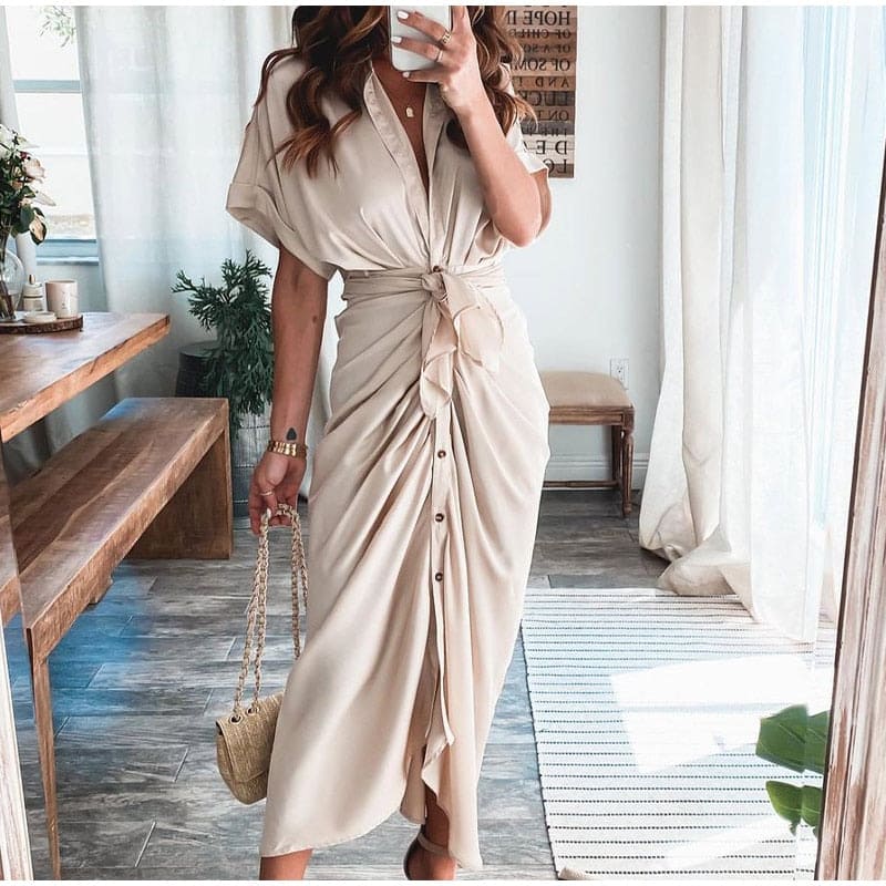 Vestido largo mujer de satén drapeado con lazo en cintura