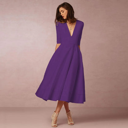Vestido midi mujer Escote en V Mangas al Codo