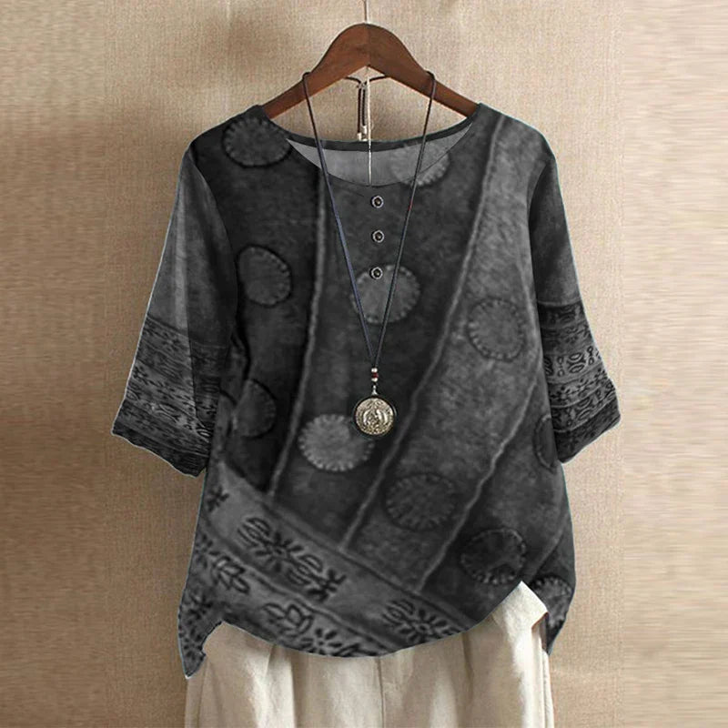 Blusa Mujer Estampada Cuello Redondo Botones Ajuste Retro