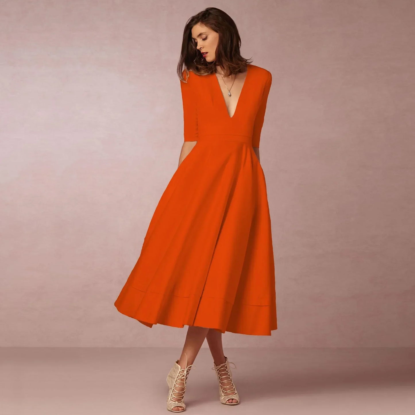 Vestido midi mujer Escote en V Mangas al Codo