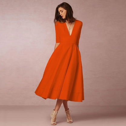 Vestido midi mujer Escote en V Mangas al Codo